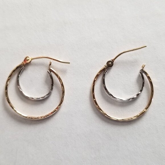 10K Yellow and White Gold  Double HOOP PIERCED EARRINGS - Picture 1 of 3